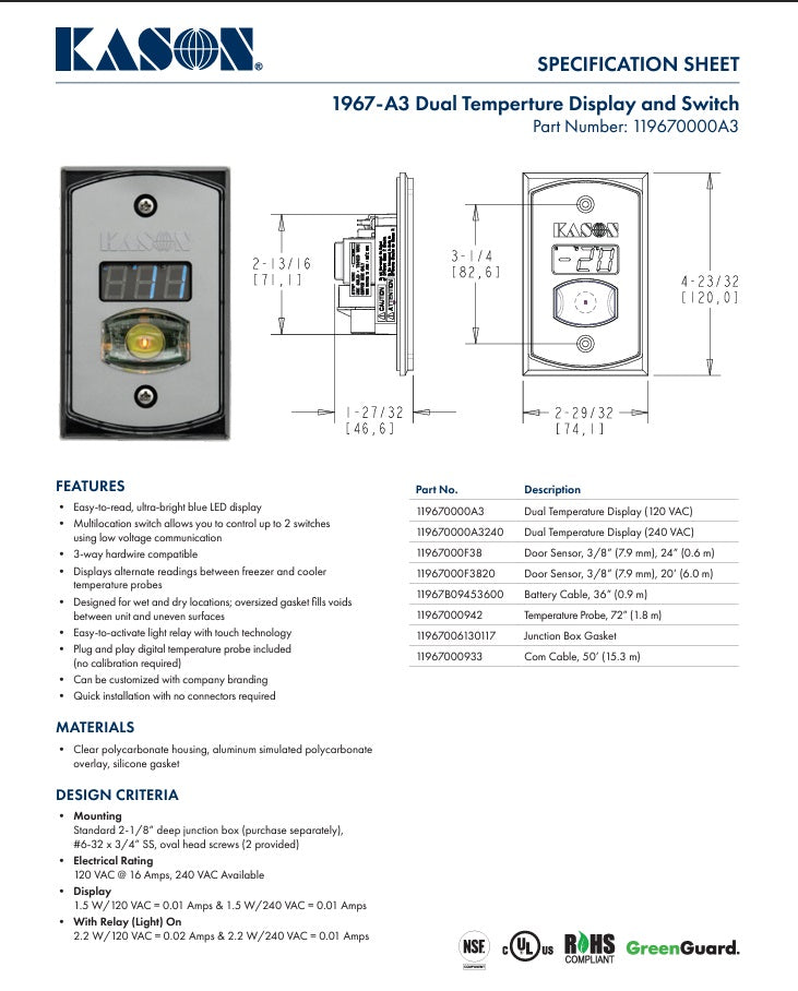 1967A3 DUAL TEMPERATURE DISPLAY & SWITCH ELT cooler doors