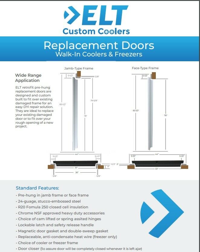 Walk in Cooler Replacement Door 52”x 78 “ Prehung with Plug Frame