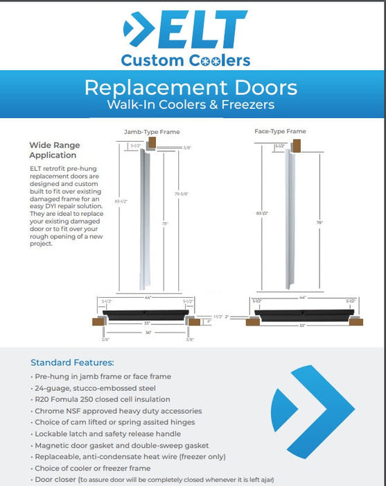 Walk in Cooler Replacement Door 42”x 114“ Prehung with Plug Frame